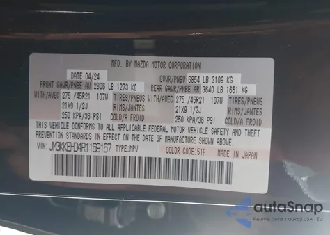 2024 Mazda Cx-90 3.3 Turbo Premium Plus z USA, uszkodzony, nr VIN JM3KKEHD4R1169167